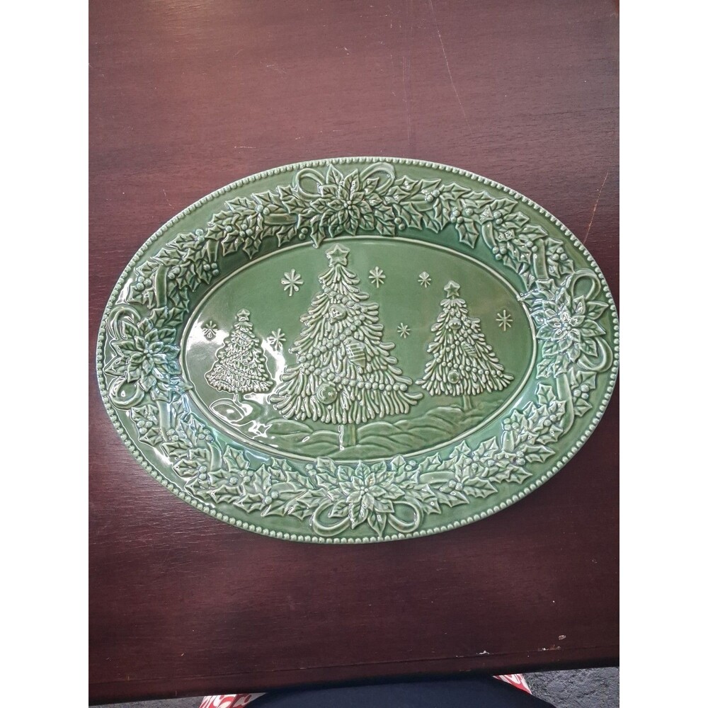 Cracker Barrel Peace On Earth Green Majolica 18" Platter Christmas Trees